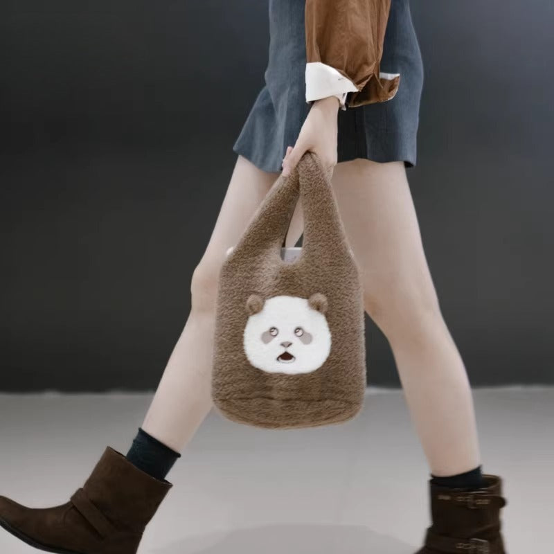 Pandamooda "Cozy Brownie" Fuzzy Panda Tote Bag – Soft Plush Shoulder & Handbag