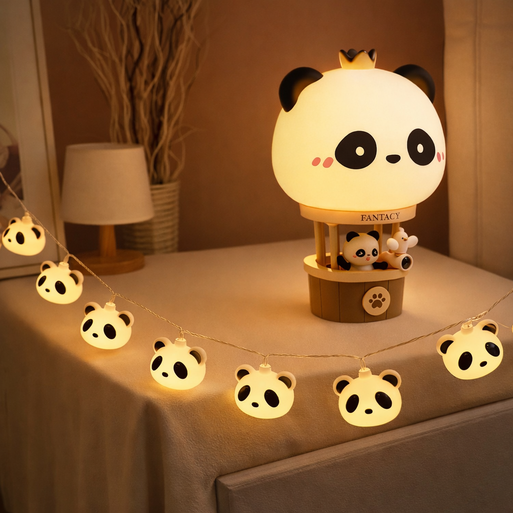 Ultimate Panda Room Decor Bundle: Hot Air Balloon Lamp + 3 Meters LED Fairy String Lights With Steady/Flash Modes