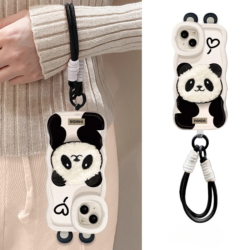 Kawaii 3D Fuzzy Panda iPhone Case with Lanyard & Stand | Cute Soft Protective Cover