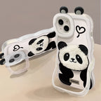 Kawaii 3D Fuzzy Panda iPhone Case with Lanyard & Stand | Cute Soft Protective Cover
