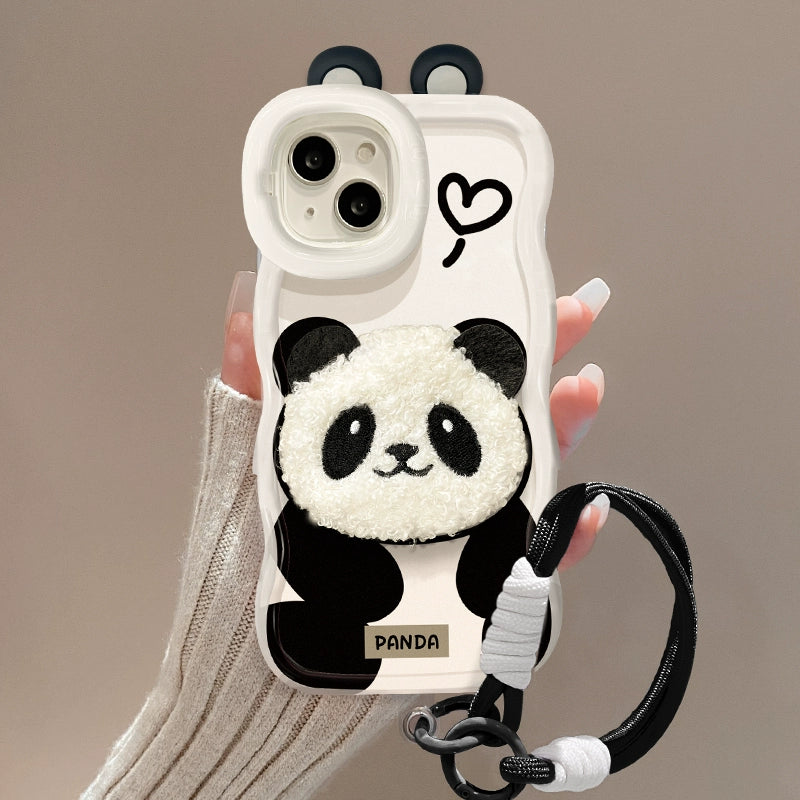 Kawaii 3D Fuzzy Panda iPhone Case with Lanyard & Stand | Cute Soft Protective Cover