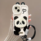 Kawaii 3D Fuzzy Panda iPhone Case with Lanyard & Stand | Cute Soft Protective Cover
