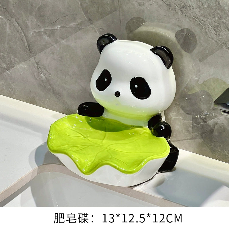 Panda Ceramic Soap Dish – Lotus Leaf Drain Tray, Cute Bathroom Organizer