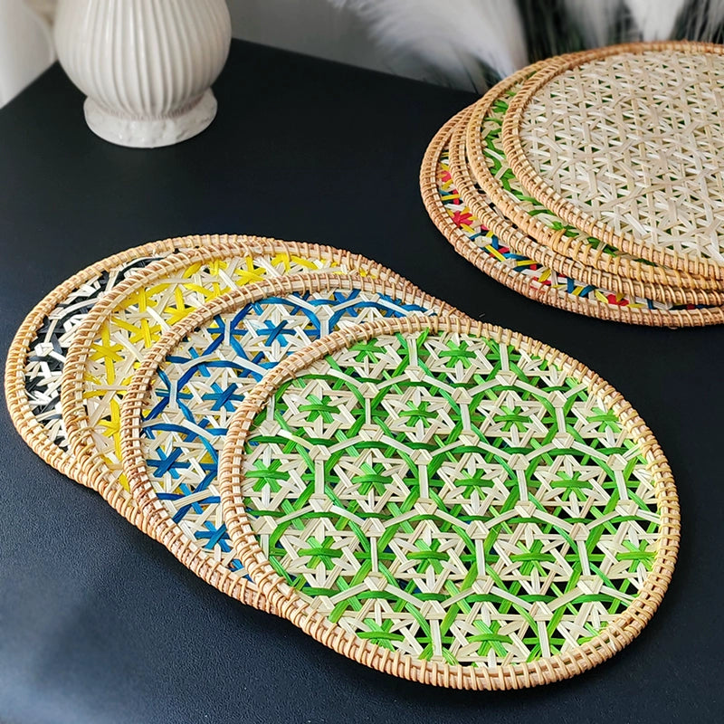 Handmade Natural Rattan Woven Round Placemat (Bamboo) – Coaster / Tea Tray Sizes
