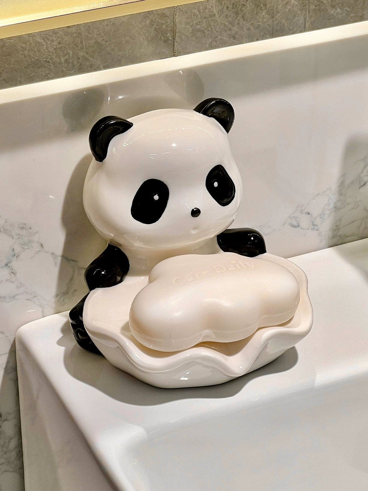 Panda Ceramic Soap Dish – Lotus Leaf Drain Tray, Cute Bathroom Organizer