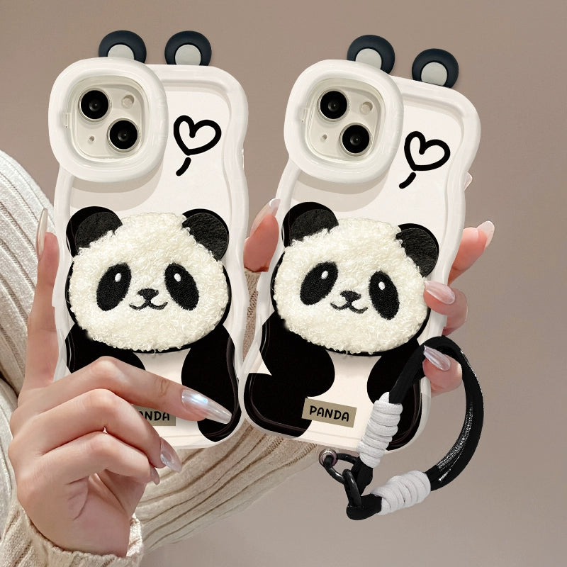 Kawaii 3D Fuzzy Panda iPhone Case with Lanyard & Stand | Cute Soft Protective Cover