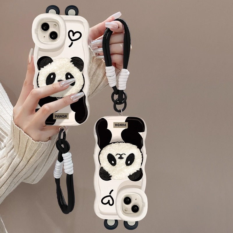Kawaii 3D Fuzzy Panda iPhone Case with Lanyard & Stand | Cute Soft Protective Cover