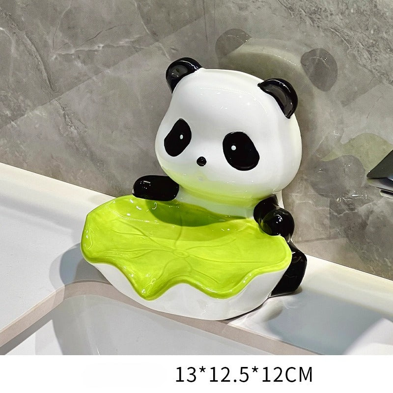 Panda Ceramic Soap Dish – Lotus Leaf Drain Tray, Cute Bathroom Organizer