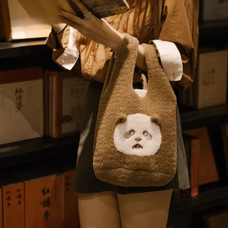 Pandamooda "Cozy Brownie" Fuzzy Panda Tote Bag – Soft Plush Shoulder & Handbag
