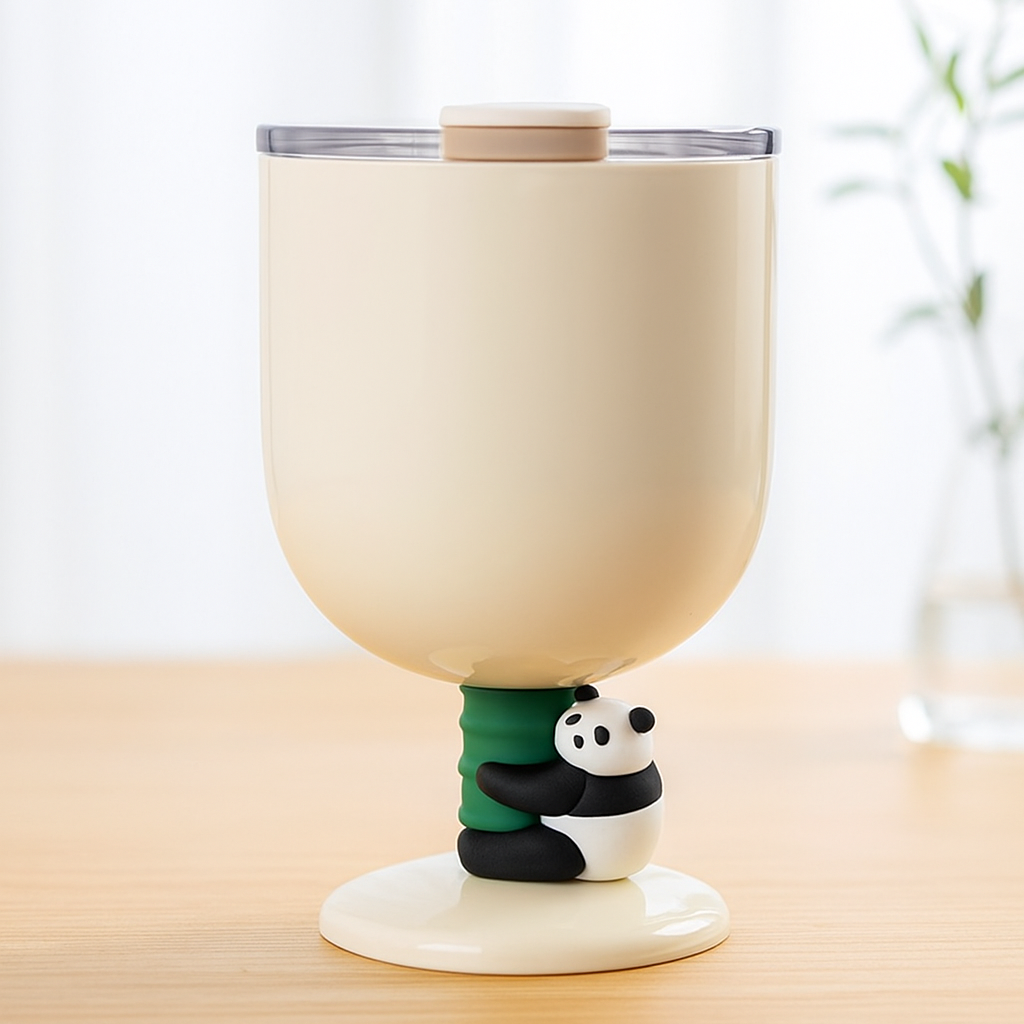 Beige cup with panda-themed cupcake on a wooden surface