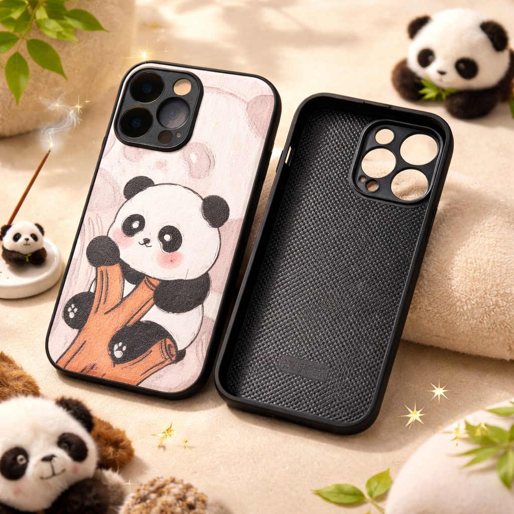 Minimalist Panda Vegan Leather iPhone Case | Soft Sheepskin Texture & Slim Fit