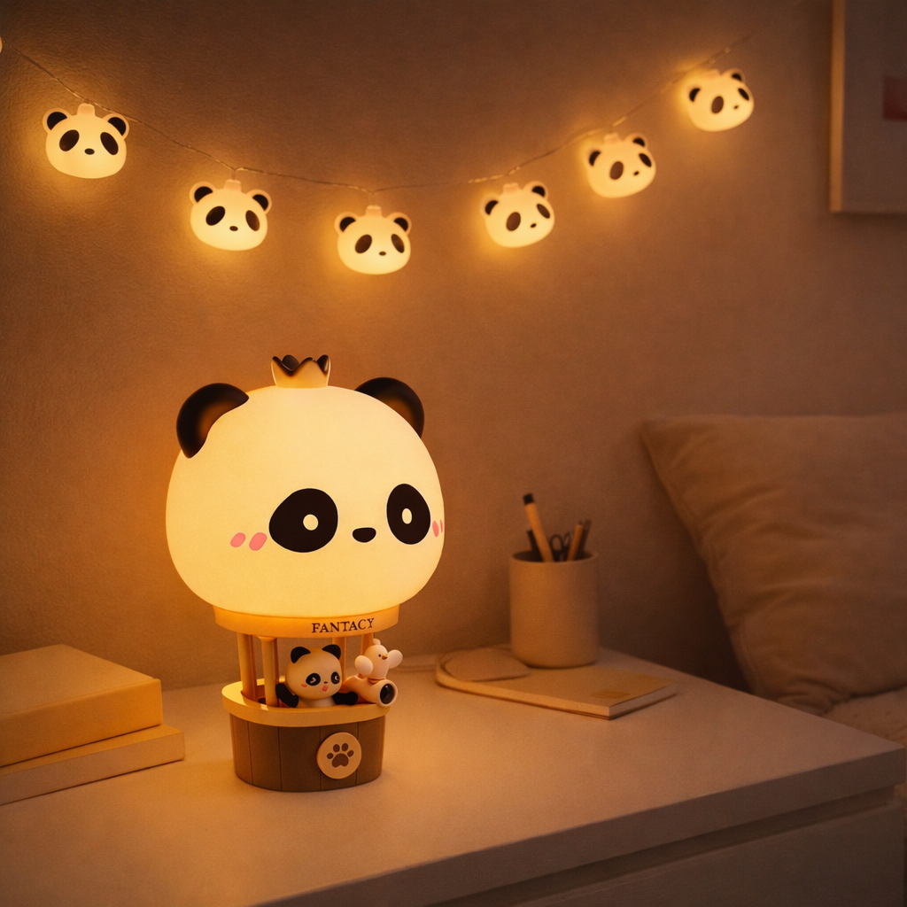 Ultimate Panda Room Decor Bundle: Hot Air Balloon Lamp + 3 Meters LED Fairy String Lights With Steady/Flash Modes
