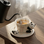 Tea being poured into a cup with panda decorations on a wooden table.