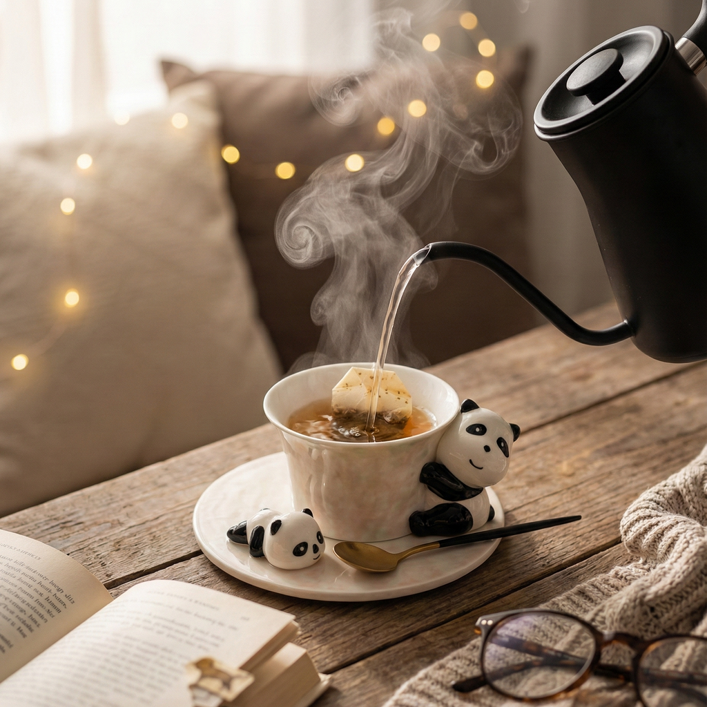 Steaming cup of tea with panda decorations on a wooden table, surrounded by cozy elements.